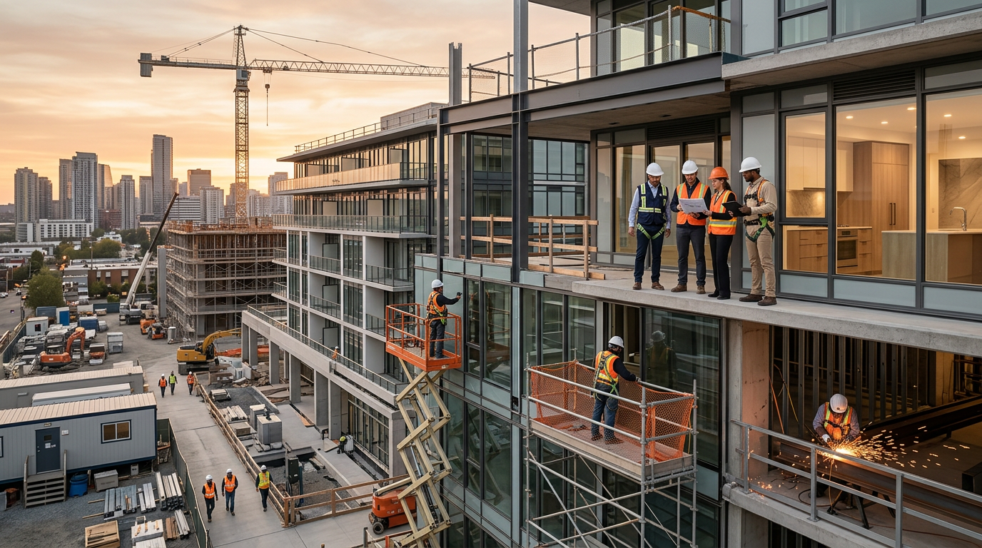 Construction professionals working on a modern building project